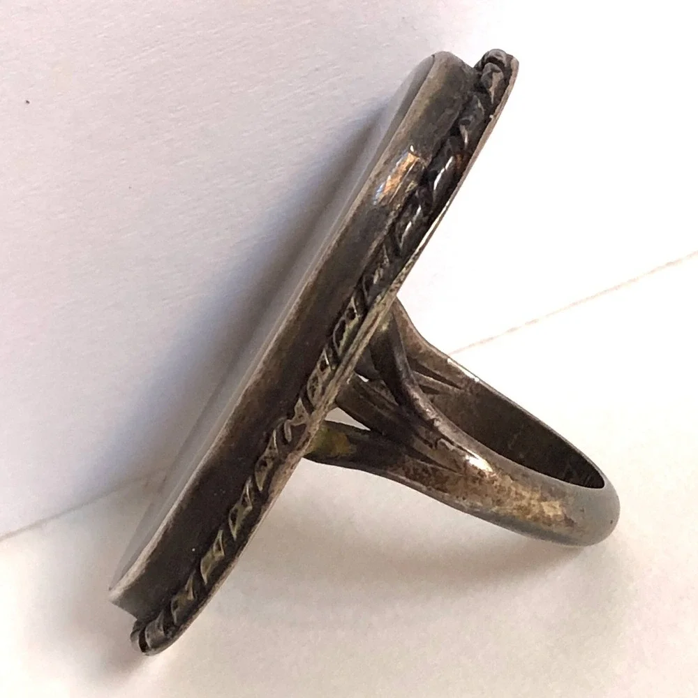 VTG Big Navajo Ring Sz 10 Banded Agate MCM 1960s Sterling 61g Native Amer